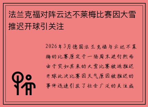 法兰克福对阵云达不莱梅比赛因大雪推迟开球引关注
